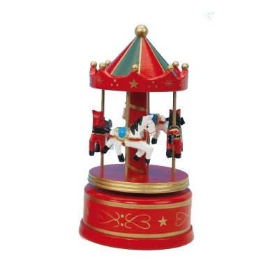 Carrossel madeira com cavalos vermelho MusicBox