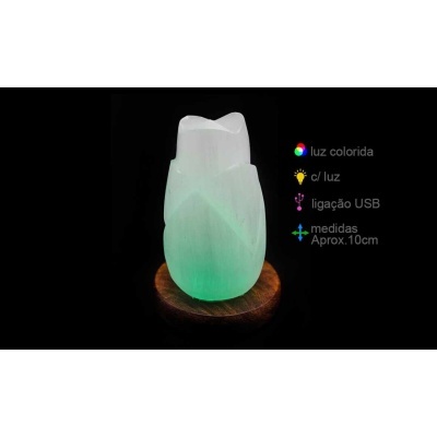 Candeeiro Selenita Flor Lótus USB c/ base Aprox.10cm