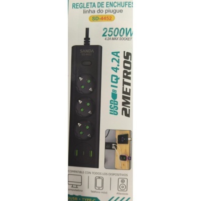 Régua de tomadas SD-4452 3 tomadas + 2 USB + 1 TYPE-C 2500W
