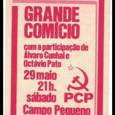 Autocolante - PCP - Grande Comício com a Participação de Álvaro Cunhal e Octávio Pato - 29 de Maio, Campo Pequeno