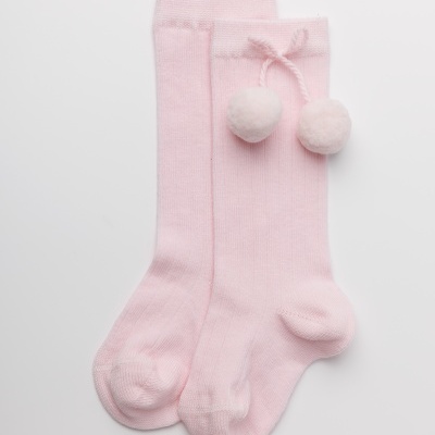 Meia Joelho Canelada Pompom Rosa bebé