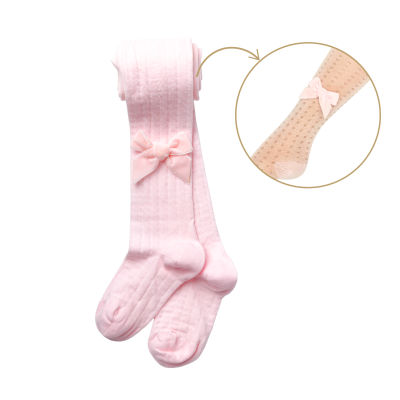 Collants rendados com laço veludo cor rosa bebé
