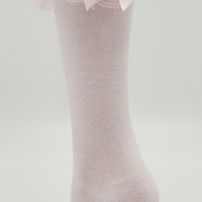 Meia Renda e Laço Cetim Rosa Bebé