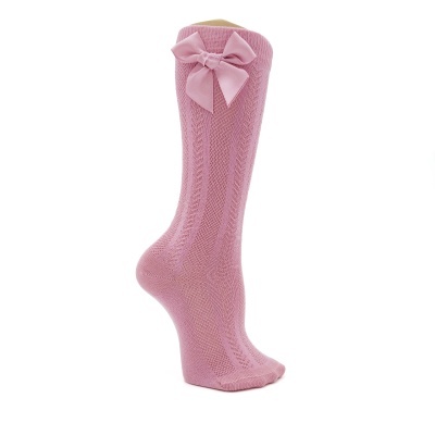 Meia joelho espinha com laço cetim rosa velho