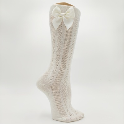 Meia joelho espinha com laço cetim pérola