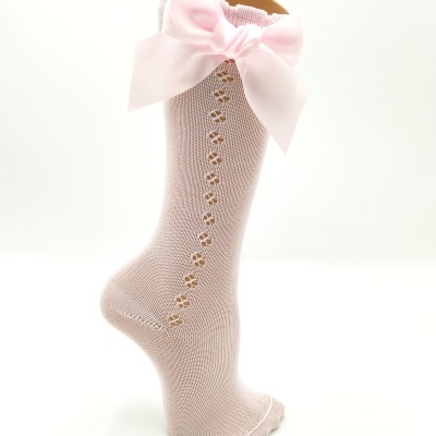 Meia Perle com laço cetim Rosa bebé