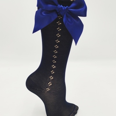 Meia Perle com laço cetim Marinho
