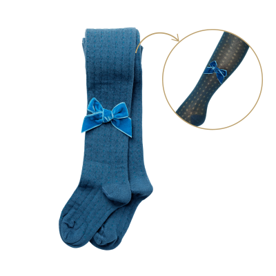 Collants rendados com laço veludo cor azul petróleo