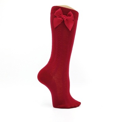 Meia joelho espinha com laço cetim cereja