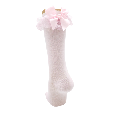 Meia Joelho Renda e Laço Rosa Bebé