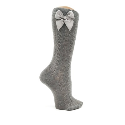 Meia joelho espinha com laço cetim cinza médio mescla