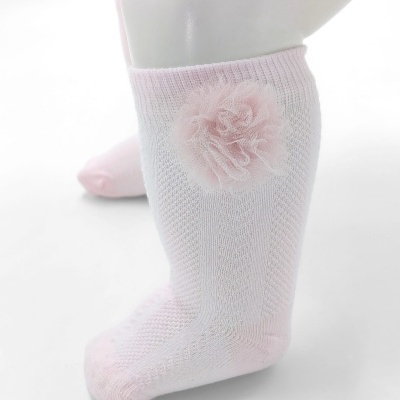 Meia Espinha Pompom Tule Rosa bebé