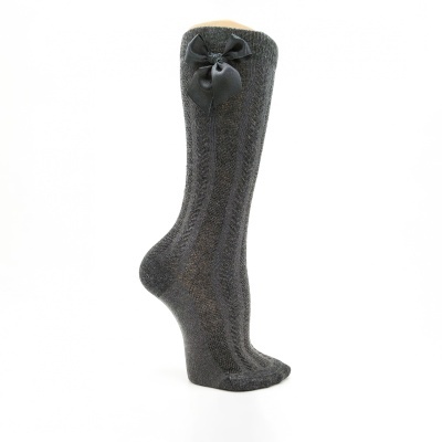 Meia joelho espinha com laço cetim cinza escuro mescla