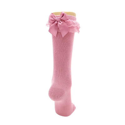 Meia Joelho Renda e Laço Rosa Velho