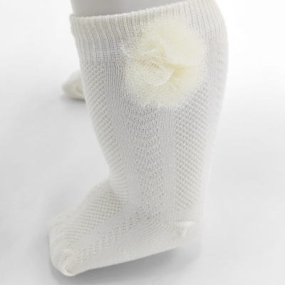 Meia Espinha Pompom Tule Pérola