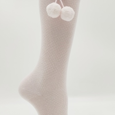 Meia Ponto Arroz  Rosa Bebe com pompom