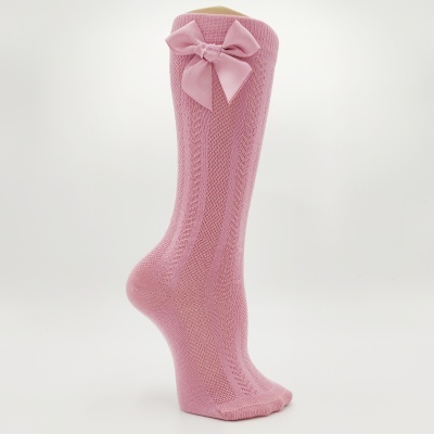 Meia joelho espinha com laço cetim rosa velho