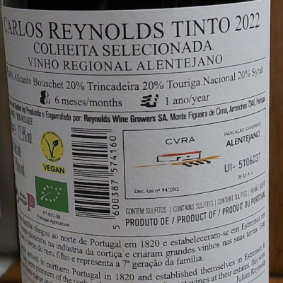Vinho Carlos Reynolds Biológico Tinto 2022 75Cl