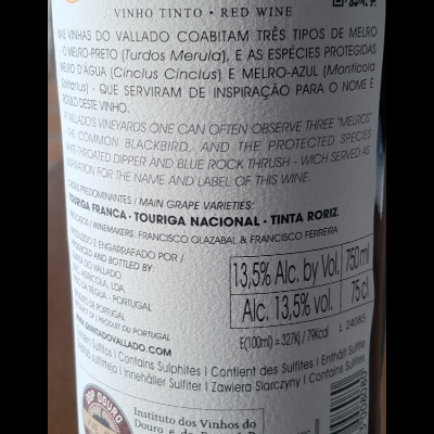 Vinho Vallado três melros tinto 2022 75Cl