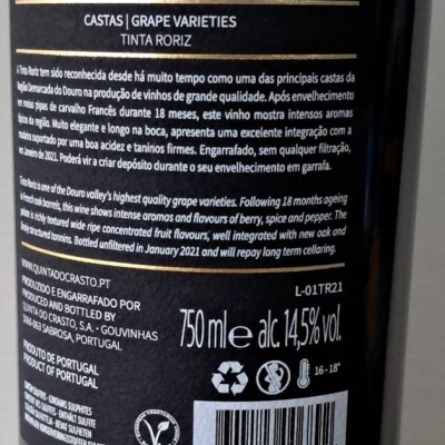 Vinho Quinta do Crasto Tinta Roriz Tinto 2018 75Cl