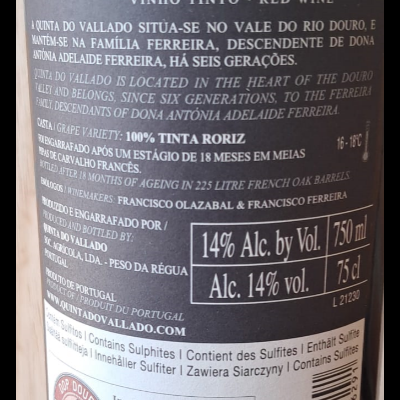 Vinho Vallado Tinta Roriz 2019 75Cl