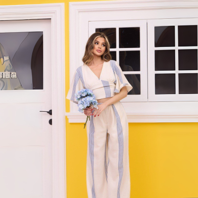 Conjunto Linen Stripes – Bege & Azul