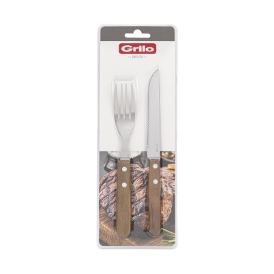 Conjunto Garfo e Faca Serrilhada para Churrasco - Madeira