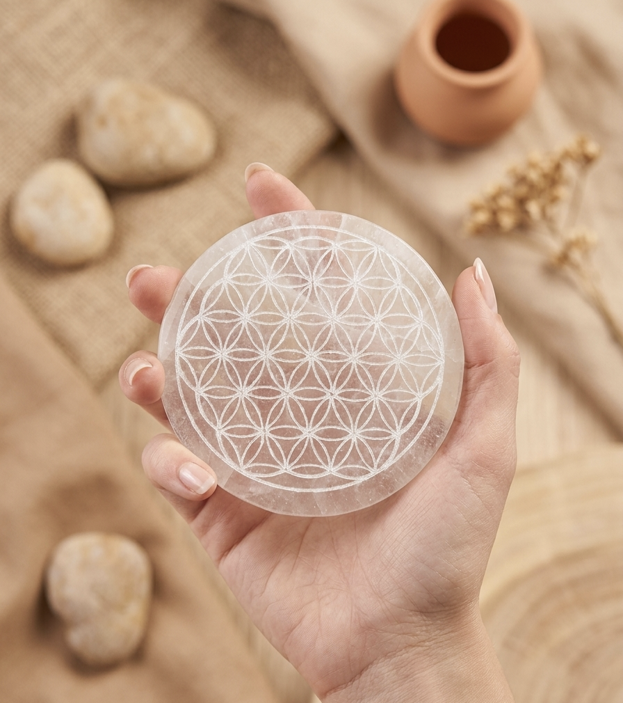Base de Selenite Flor da Vida 10 cms
