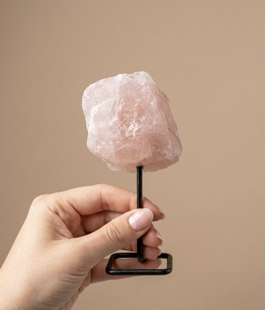 Quartzo rosa em bruto com suporte