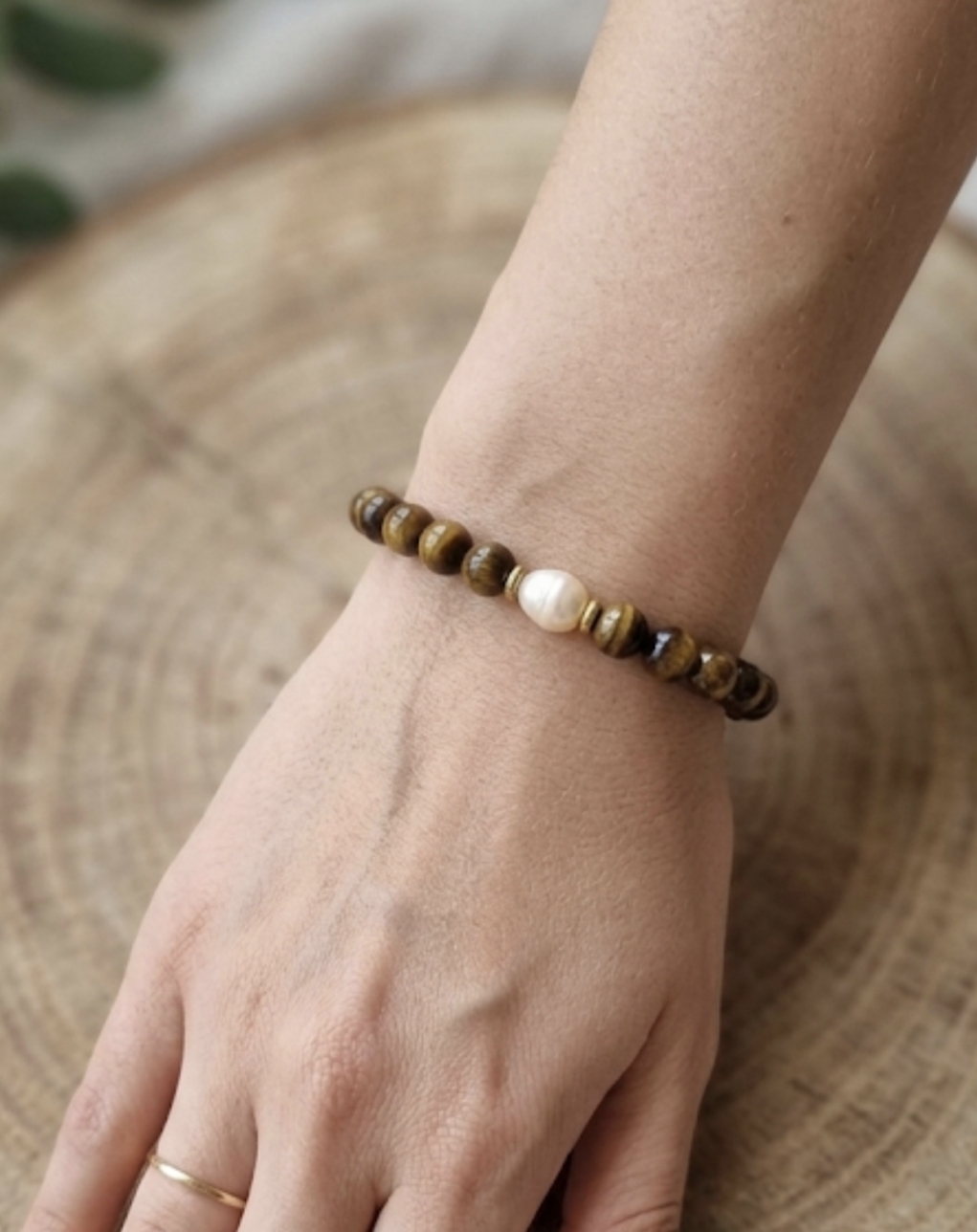 Pulseira de olho tigre e pérola