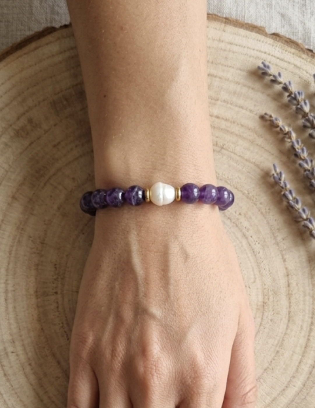 Pulseira de ametista com pérola