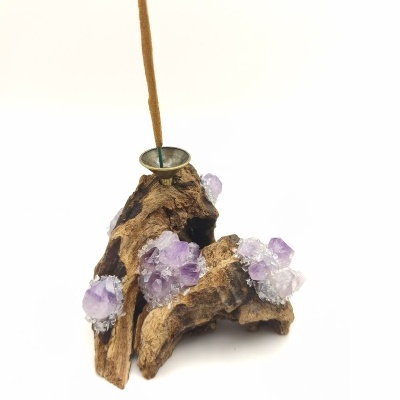 Queimador de incenso madeira com ametista