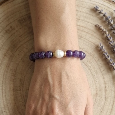 Pulseira de ametista com pérola