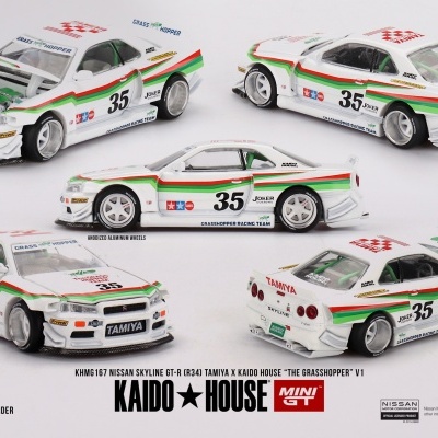 MINI GT NISSAN SKYLINE GT-R (R34) TAMIYA X KAIDO HOUSE ?THE GRASSHOPPER? V1 KHMG167