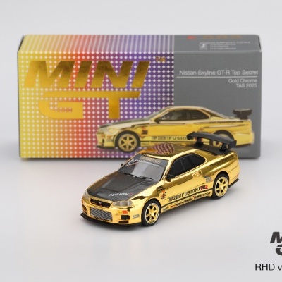 MINI GT NISSAN SKYLINE GT-R (R34) TOP SECRET GOLD CHROME TAS 2025 EXCLUSIVE MGT00882-R