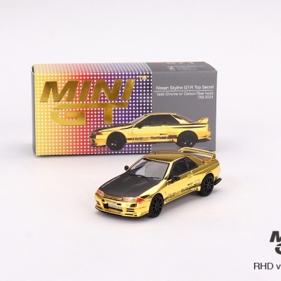 MINI GT NISSAN SKYLINE GT-R TOP SECRET  VR32 GOLD CHROME W/ CARBON FIBER HOOD TAS 2024 MGT00671-R