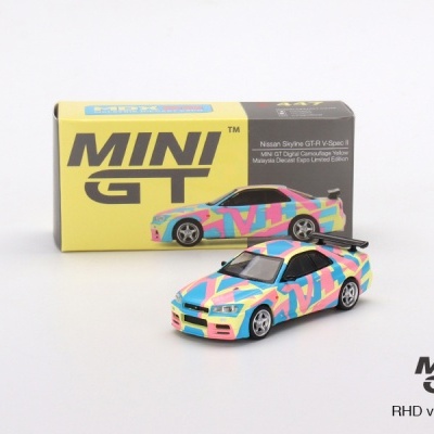 MINI GT NISSAN SKYLINE GT-R (R34) V-SPEC II MINI GT DIGITAL CAMOUFLAGE YELLOW 2022 MALAYSIA DIECAST EXPO LIMITED EDITION MGT00447-R