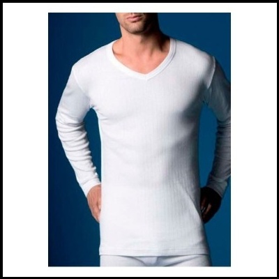 Camisola térmica de homem, manga comprida, com decote bico - 100% algodão