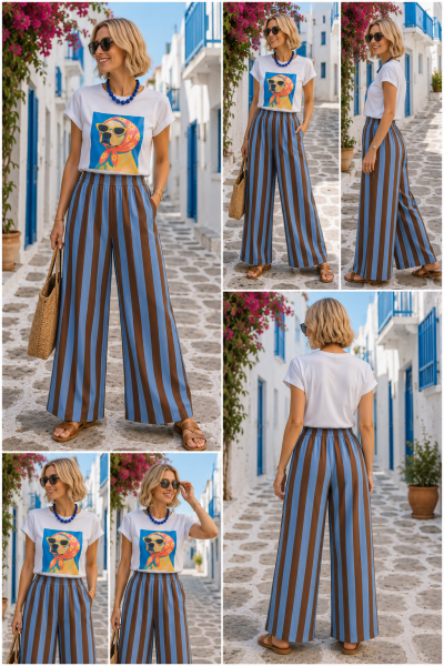 Pantalona riscas azuis e castanhas