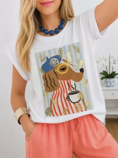 T-shirt cao folhagens douradas