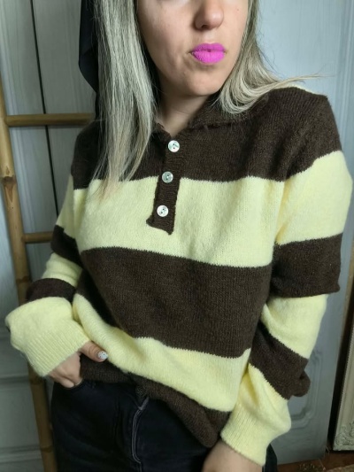 Polo lã riscas castanhas e amarelas