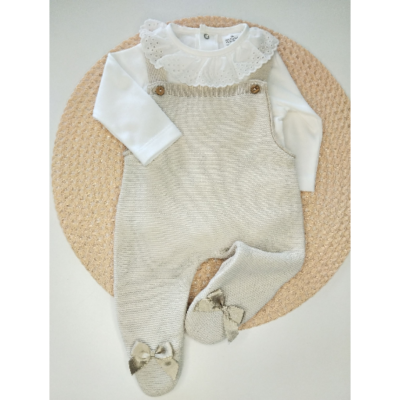 Conjunto Jardineira + Body Gola Bordado Inglês - Areia