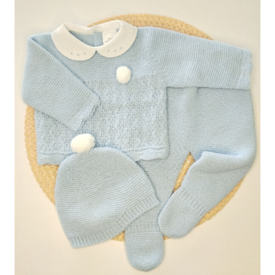 Conjunto 3 Peças Malha c/ Trabalhado e Pompom - Azul Bebé