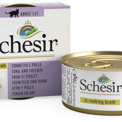 Schesir Atum & Frango em Caldo – Delícia Natural para Gatos Adultos (85g)