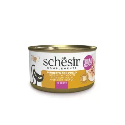 Schesir Atum & Frango em Caldo – Delícia Natural para Gatos Adultos (85g)