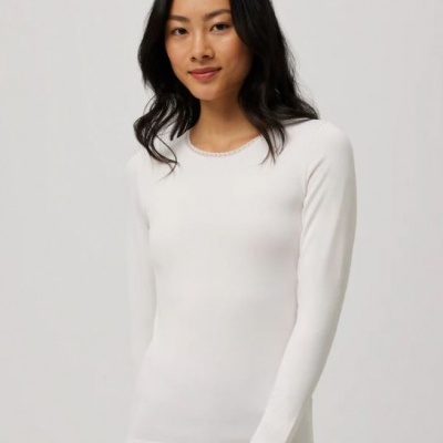 Camisola térmica/cardada, decote redondo, com pormenor em renda