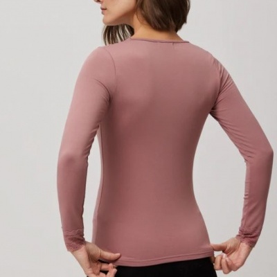 Camisola térmica/cardada, decote em V, com colo e manga em renda