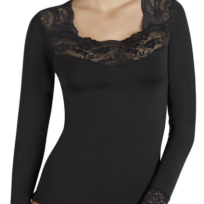 Camisola térmica/cardada com gola e manga em renda