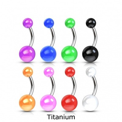 Joia básica de Titanio (banana) para umbigo com bolas de acrílico - T23NAS Joia básica de Titanio (banana) para umbigo com bolas de acrílico - T23NAS