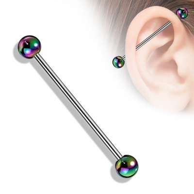 Barra de aço cirurgico para piercing industrial  com bolas cor holográfica BI06